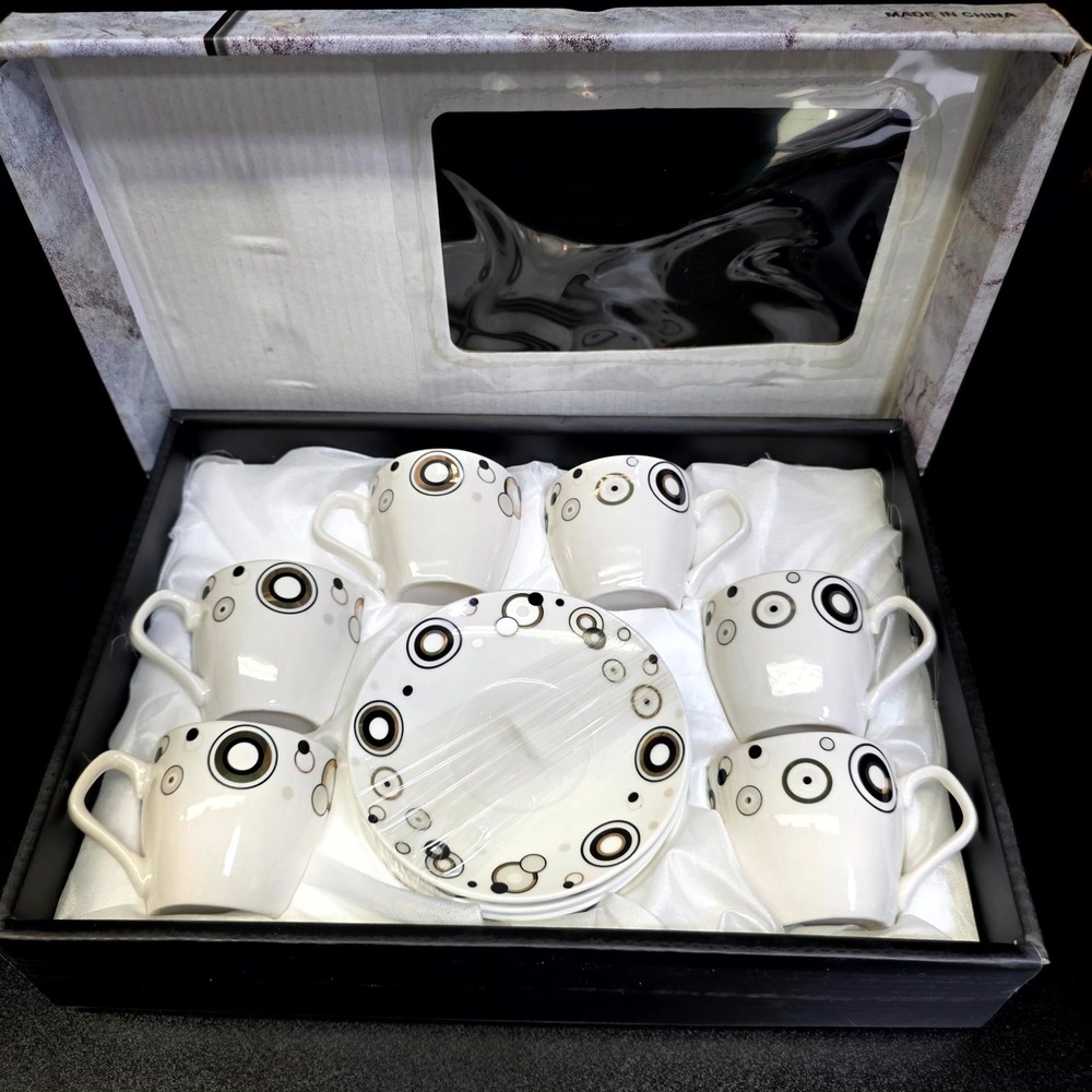 Espresso Cup and Saucer 12pc Set White Black Gold Geometric Modern Minimalist